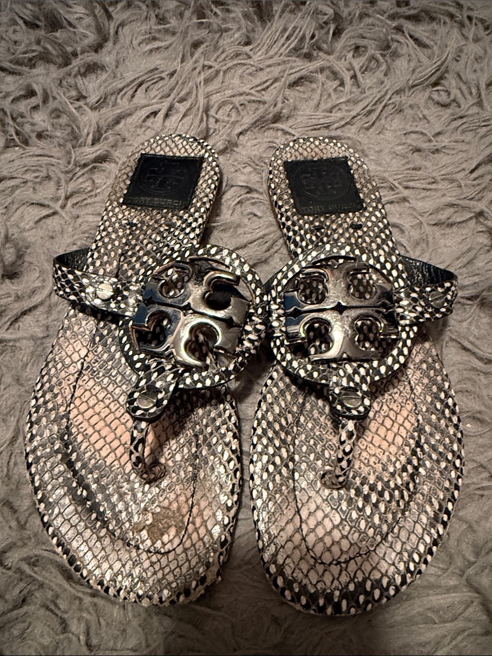 Tory Burch Snake-Print Miller Thong Sandals - Metallic Silver/Taupe